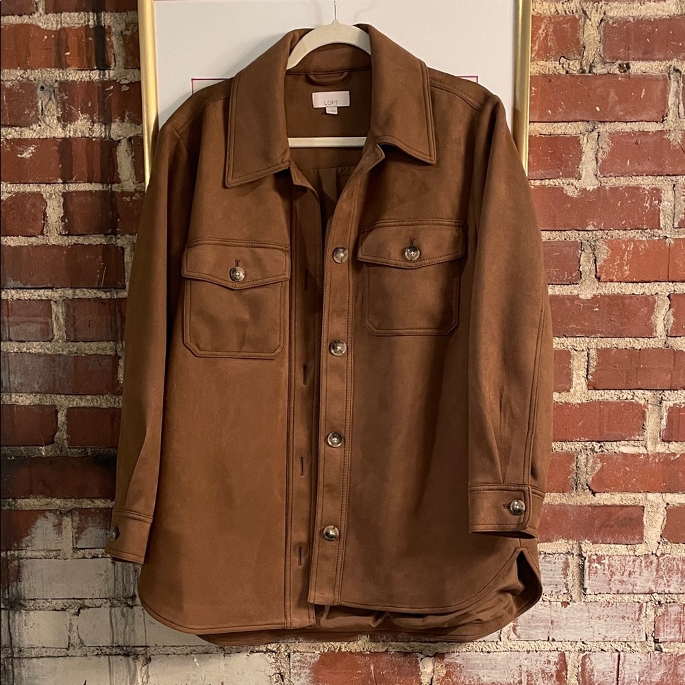 LOFT Brown Suede Shirt Jacket with Chest Flap Pockets